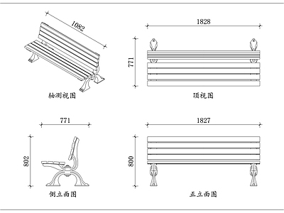 家具图库 铸铁木背椅 原木长条椅 黑铁实木椅 户外木铁椅 庭院休闲椅