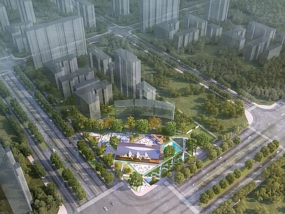 现代主义鸟瞰规划 现代中式建筑 现代街角景观