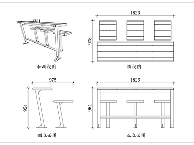 家具图库 组合长条桌 连体课桌椅 一体式桌椅 联排桌椅 连体休闲桌