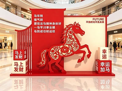 新中式中庭美陈 新年主题美陈布景 马年窗花剪纸 合影区 打卡点 商场美陈