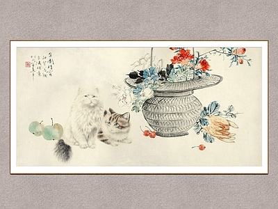 中式画框 猫趣图 王雪涛 国画 装饰画