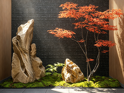 禅意庭院小品 天井庭院景石造景 青苔景石组合景观 景石红枫禅意景观 庭院景石造景 太行金景石