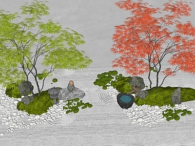 禅意日式庭院小品 景观红枫 日本枯山水 日式水景 景石