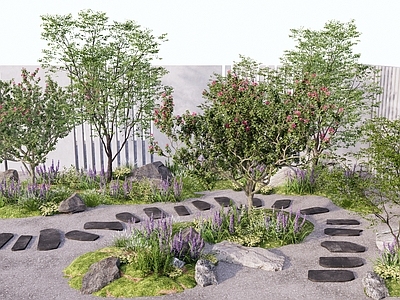 新中式景观别墅庭院 枯山水庭院 院子花园植物景观 汀步庭院小品 开花乔木观赏树 灌木花草组合