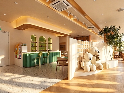 奶油风其他餐饮空间 奶油风亲子餐厅 现代餐厅 餐桌餐椅组合 吧台 玩具熊