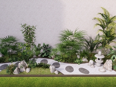 日式枯山水小庭院 植物景观 棕竹散尾葵棕榈 庭院小品汀步