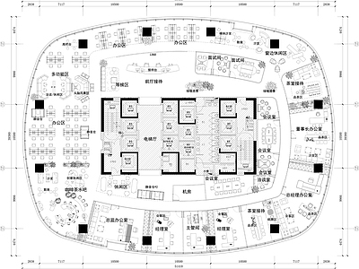 整体办公空间 整层办公平面方案 平面图纸 咖啡吧 接待区 总经理室