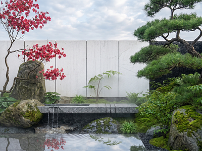 新中式景观别墅庭院 现代庭院 自然庭院 现代景墙 流水景墙 日式庭院
