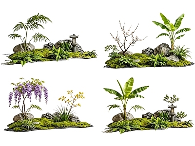 禅意花境 2D中式庭院植物 庭院植物组团 花卉花镜 花草植物组合 花草花丛