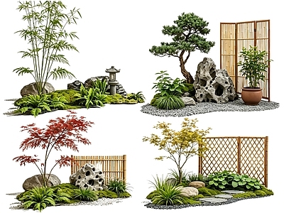 日式花境 2D中式庭院植物 庭院植物组团 花卉花镜 花草植物组合 花草花丛