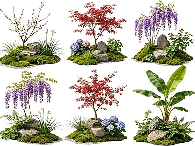 禅意花境 2D中式庭院植物 庭院植物组团 花卉花镜 花草植物组合 花草花丛