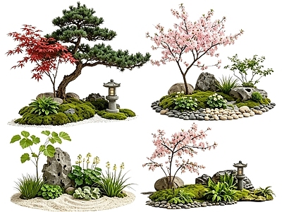 日式花境 2D中式庭院植物 庭院植物组团 花卉花镜 花草植物组合 花草花丛
