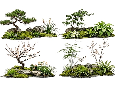禅意花境 2D中式庭院植物 庭院植物组团 花卉花镜 花草植物组合 花草花丛