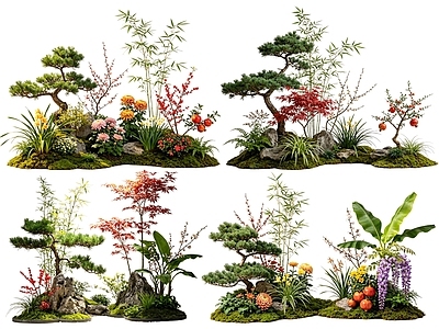 新中式景观花境 2D中式庭院植物 庭院植物组团 花卉花镜 花草植物组合 花草花丛