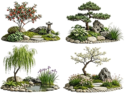 禅意花境 2D中式庭院植物 庭院植物组团 花卉花镜 花草植物组合 花草花丛