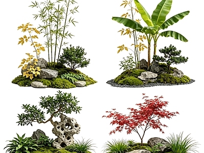 新中式景观花境 2D中式庭院植物 庭院植物组团 花卉花镜 花草植物组合 花草花丛