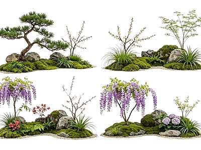 禅意花境 2D中式庭院植物 庭院植物组团 花卉花镜 花草植物组合 花草花丛