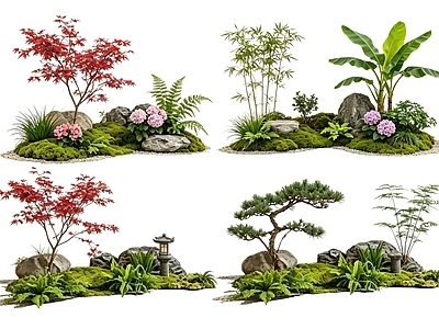 日式花境 2D中式庭院植物 庭院植物组团 花卉花镜 花草植物组合 花草花丛