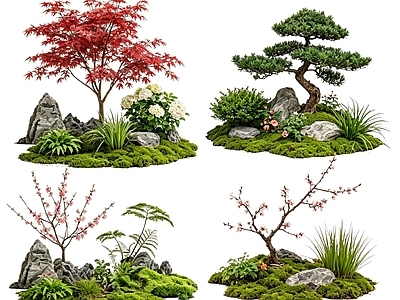 新中式景观花境 2D中式庭院植物 庭院植物组团 花卉花镜 花草植物组合 花草花丛