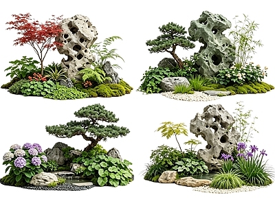传统园林花境 2D中式庭院植物 庭院植物组团 花卉花镜 花草植物组合 花草花丛