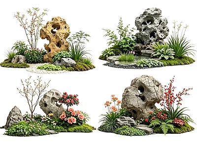 传统园林花境 2D中式庭院植物 庭院植物组团 花卉花镜 花草植物组合 花草花丛