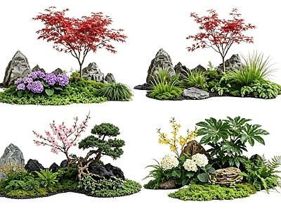 新中式景观花境 2D中式庭院植物 庭院植物组团 花卉花镜 花草植物组合 花草花丛