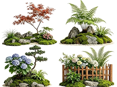禅意花境 2D中式庭院植物 庭院植物组团 花卉花镜 花草植物组合 花草花丛