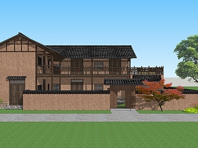 中式古建乡村民房 乡村民宿 夯土墙 乡村别墅 两层别墅 乡土风格