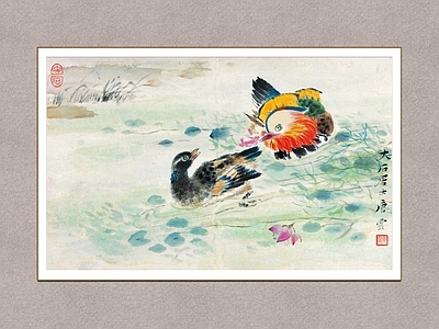 中式挂画 戏水鸳鸯 唐云 花鸟图 装饰画