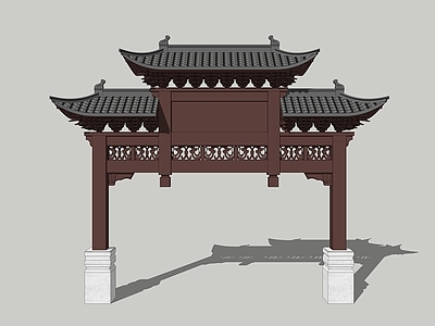 中式古建入口大门 二柱三牌楼 牌坊 牌楼 景区入口大门