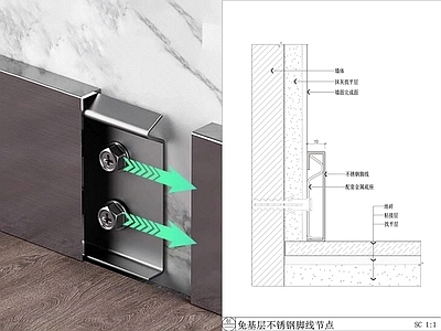 轻钢龙骨隔墙 无木作不锈钢脚线 无地板不锈钢脚线 不锈钢脚线安装 不锈脚线节点图 金属脚线