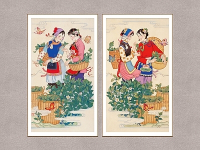 中式画框 农民画 装饰画 茶花女 民俗画