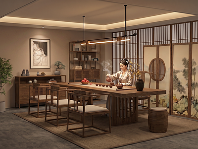 新中式茶室 新中式茶室 实木茶桌椅组合 装饰柜茶具屏风 博古架饰品摆件