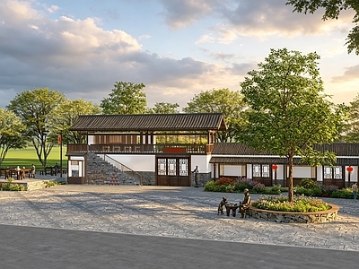 中式餐饮建筑 农村驿站 驿站公园 乡村公园 乡村酒家