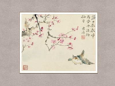 中式画框 花鸟画 唐云 桃花 装饰画