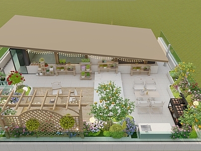原木风屋顶花园 现代屋顶花园 木花架 烧烤架操作台