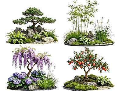 禅意花境 2D中式庭院植物 庭院植物组团 花卉花镜 花草植物组合 花草花丛