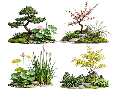 新中式景观花境 2D中式庭院植物 庭院植物组团 花卉花镜 花草植物组合 花草花丛