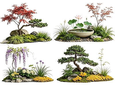禅意花境 2D中式庭院植物 庭院植物组团 花卉花镜 花草植物组合 花草花丛