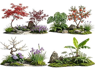 新中式景观花境 2D中式庭院植物 庭院植物组团 花卉花镜 花草植物组合 花草花丛