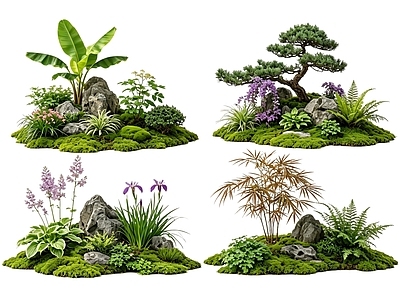 新中式景观花境 2D中式庭院植物 庭院植物组团 花卉花镜 花草植物组合 花草花丛