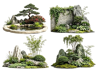 新中式景观花境 2D中式庭院植物 庭院植物组团 花卉花镜 花草植物组合 花草花丛
