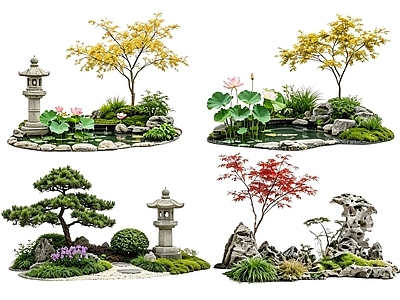 传统园林花境 2D中式庭院植物 庭院植物组团 花卉花镜 花草植物组合 花草花丛