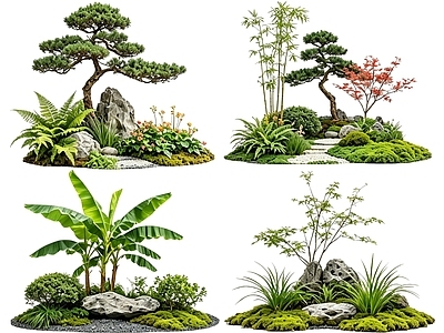 新中式景观花境 2D中式庭院植物 庭院植物组团 花卉花镜 花草植物组合 花草花丛