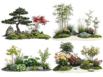 日式花境 2D中式庭院植物 庭院植物组团 花卉花镜 花草植物组合 花草花丛