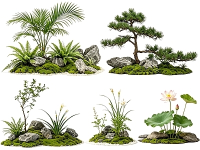 禅意花境 2D中式庭院植物 庭院植物组团 花卉花镜 花草植物组合 花草花丛