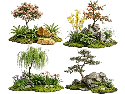 传统园林花境 2D中式庭院植物 庭院植物组团 花卉花镜 花草植物组合 花草花丛