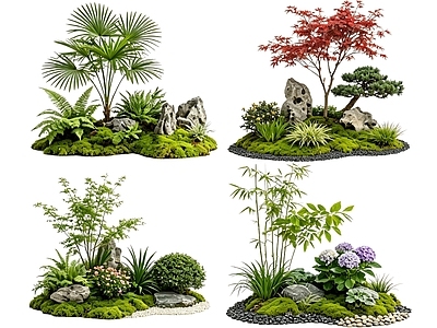 新中式景观花境 2D中式庭院植物 庭院植物组团 花卉花镜 花草植物组合 花草花丛