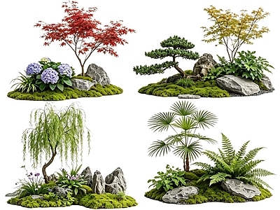 新中式景观花境 2D中式庭院植物 庭院植物组团 花卉花镜 花草植物组合 花草花丛
