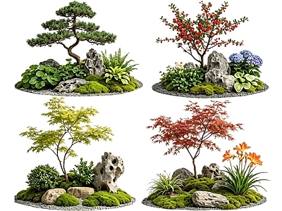 新中式景观花境 2D中式庭院植物 庭院植物组团 花卉花镜 花草植物组合 花草花丛